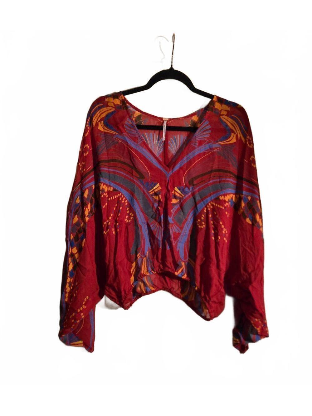 Free People Red Patterned Bohemian Blouse with Billowy Sleeves